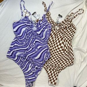 Two NWT Rue 21 Body Suits Brown Checkered Purple Flower Ring Details